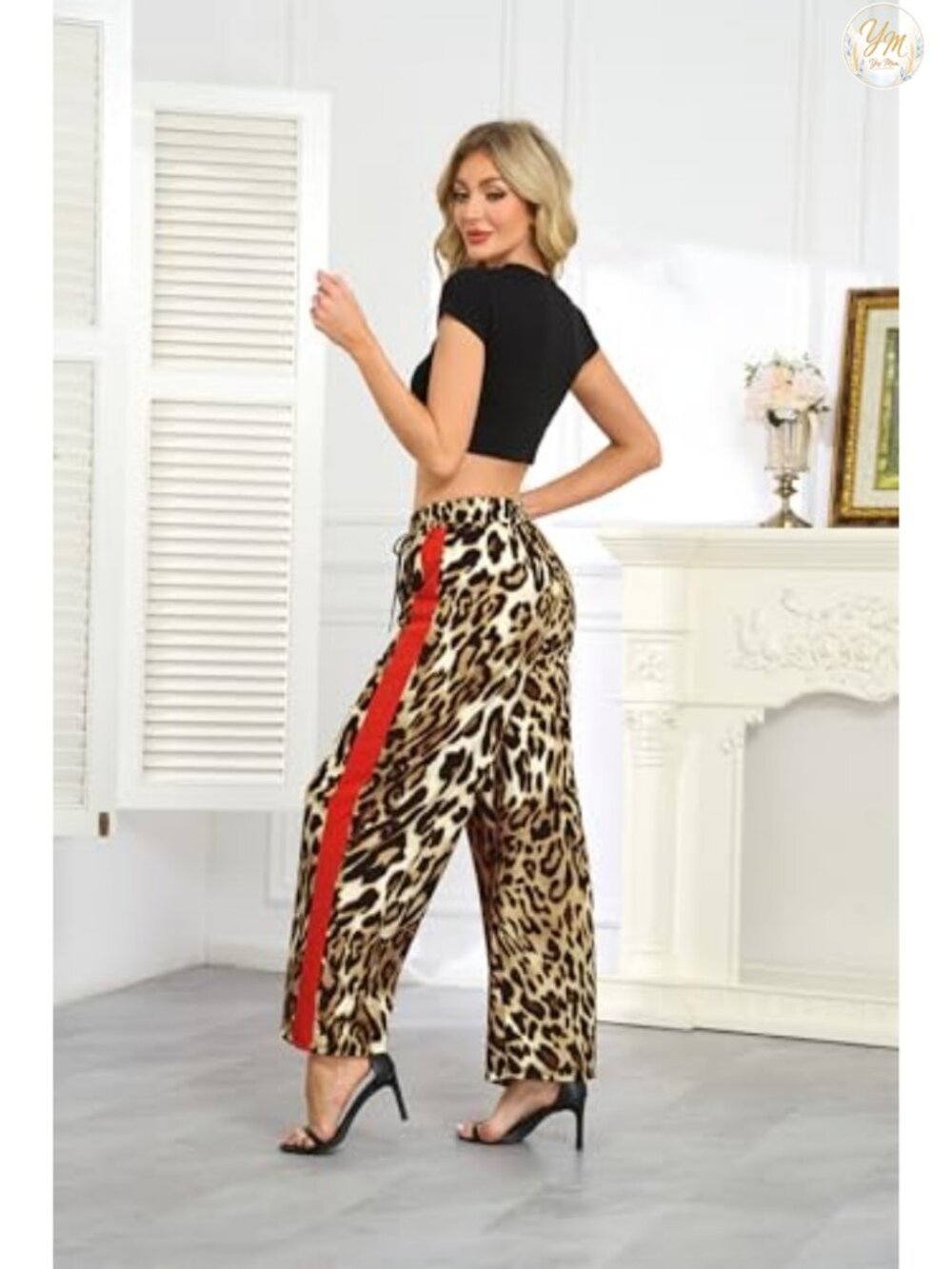Leopard Print Wide Leg Drawstring Pants Side Stripe Casual - Picture 4 of 6